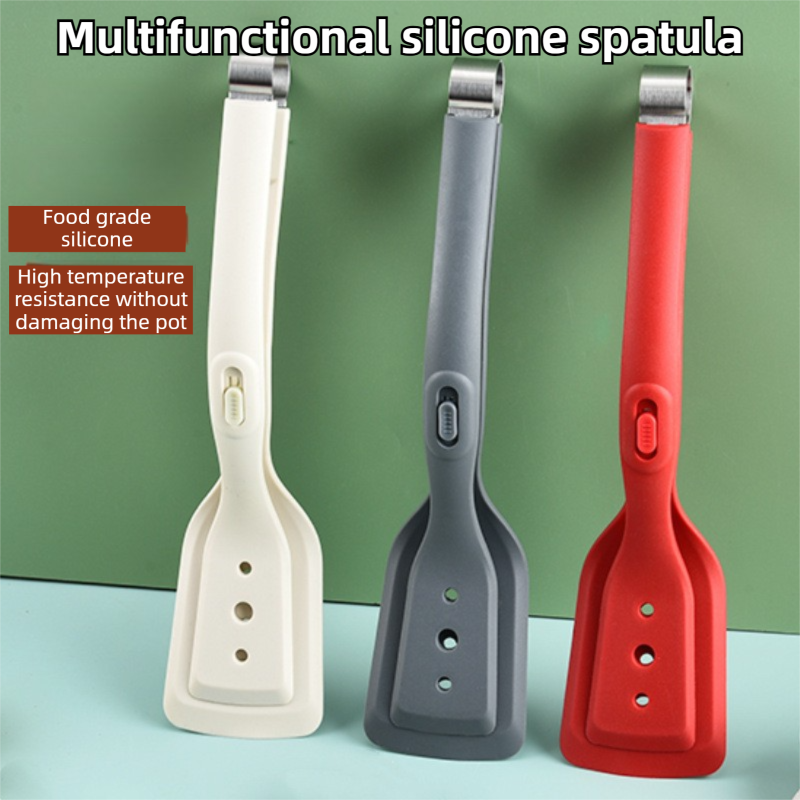 2-in-1 Red Silicone Spatula Tongs with Locking Clip & Oil Drainage - Non-Stick Heat Resistant Food Flipper & Kitchen Clamp