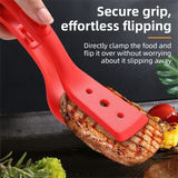 2-in-1 Red Silicone Spatula Tongs with Locking Clip & Oil Drainage - Non-Stick Heat Resistant Food Flipper & Kitchen Clamp
