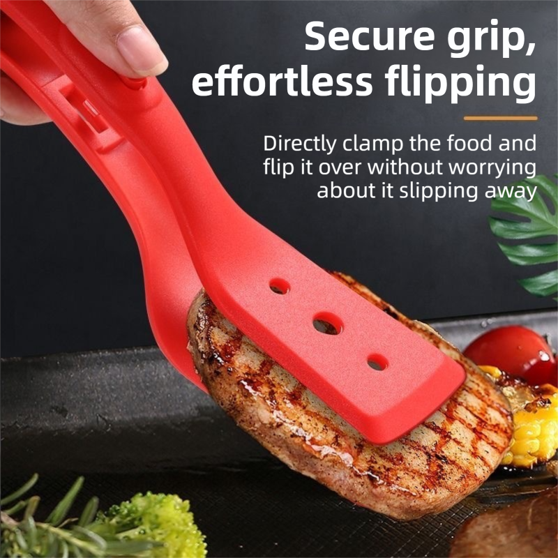 2-in-1 Black Silicone Spatula Tongs with Locking Clip & Oil Drainage - Non-Stick Heat Resistant Food Flipper & Kitchen Clamp