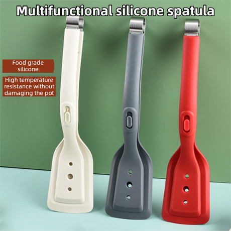 2-in-1 White Silicone Spatula Tongs with Locking Clip & Oil Drainage - Non-Stick Heat Resistant Food Flipper & Kitchen Clamp