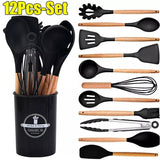 12-Piece Black Heat-Resistant Silicone Cooking Utensils with Wooden Handles and Box - Non-Stick Scratch-Free Kitchen Tool Kit