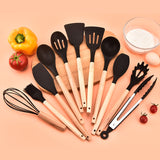 12-Piece Black Heat-Resistant Silicone Cooking Utensils with Wooden Handles and Box - Non-Stick Scratch-Free Kitchen Tool Kit