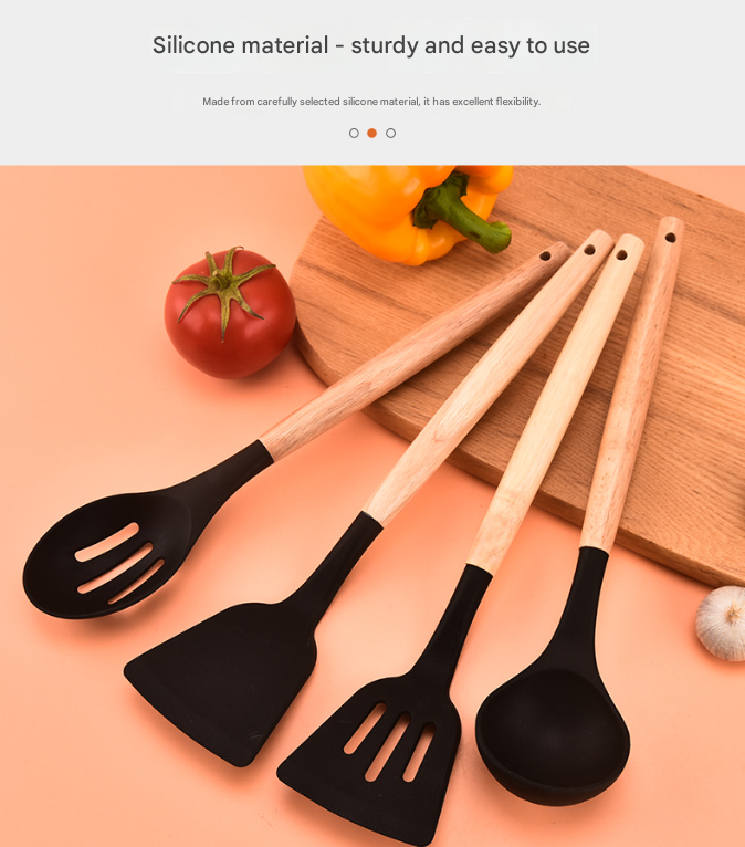 12-Piece Khaki Heat-Resistant Silicone Cooking Utensils with Wooden Handles and Box - Non-Stick Scratch-Free Kitchen Tool Kit