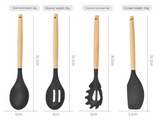 12-Piece Grey Heat-Resistant Silicone Cooking Utensils with Wooden Handles and Box - Non-Stick Scratch-Free Kitchen Tool Kit