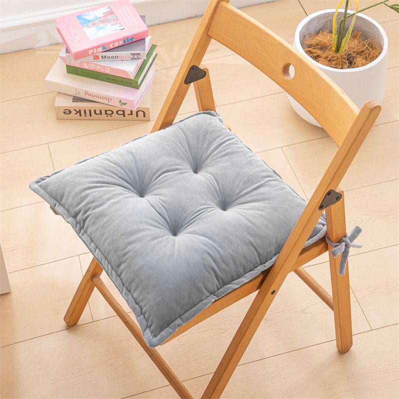 Grey Plush Tufted Chair Cushion – 45x45cm Square Seat Pad with Ties for Dining & Office (Machine Washable)