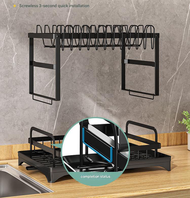 Black Foldable Dish Rack with Drain Tray, Knife & Chopstick Holder, Cup Rack, and Cutting Board Support – 42cm x 29cm x 29cm, Easy-Install Kitchen Storage Organizer for Plates, Bowls, Glasses, and Utensils
