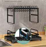 Black Foldable Dish Rack with Drain Tray, Knife & Chopstick Holder, Cup Rack, and Cutting Board Support – 42cm x 29cm x 29cm, Easy-Install Kitchen Storage Organizer for Plates, Bowls, Glasses, and Utensils