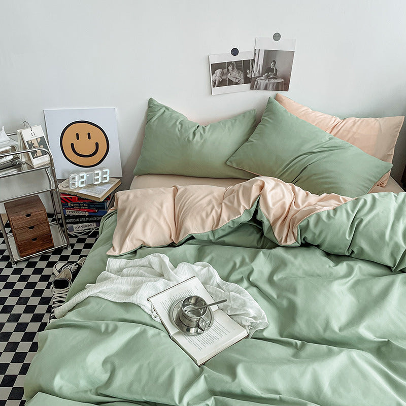Light green and light camel color Washed Cotton Bedding Set - Solid Color Fitted Sheet Style, 4-Piece Set for 1.5m Bed, Includes 10 Random Color Quilt Fasteners(1.5m)