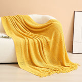 Yellow Elegant Openwork Knitted Throw Blanket with Tassels - 127x180cm Large Decorative Soft Sofa Blanket for Living Room & Bedroom - Breathable Cozy Cover for Travel & Office Nap