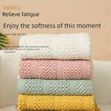 White Elegant Openwork Knitted Throw Blanket with Tassels - 130x230cm Large Decorative Soft Sofa Blanket for Living Room & Bedroom - Breathable Cozy Cover for Travel & Office Nap