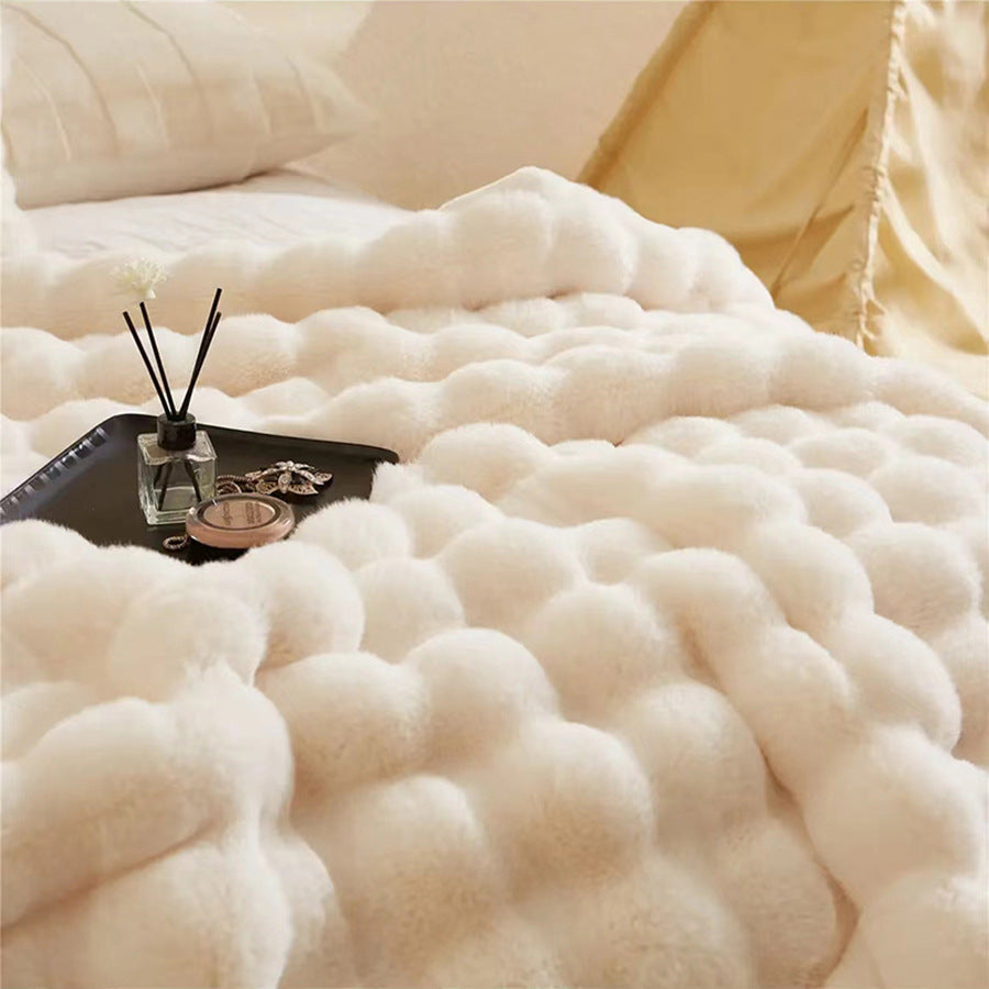 White Luxury Tuscany Fleece Rabbit Fur Bubble Blanket - Double-Sided Thickened Soft Plush Large Bedding Set(180x200 CM Large Blanket + 2 Pack 45x45 CM Cushion Cover)