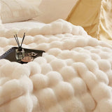 White Luxury Tuscany Fleece Rabbit Fur Bubble Blanket - Double-Sided Thickened Soft Plush Large Bedding Set(180x200 CM Large Blanket + 2 Pack 45x45 CM Cushion Cover)