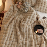 Brown Luxury Tuscany Fleece Rabbit Fur Bubble Blanket (140 x 200 CM) - Double-Sided Thickened Soft Plush Bedding & Sofa Throw