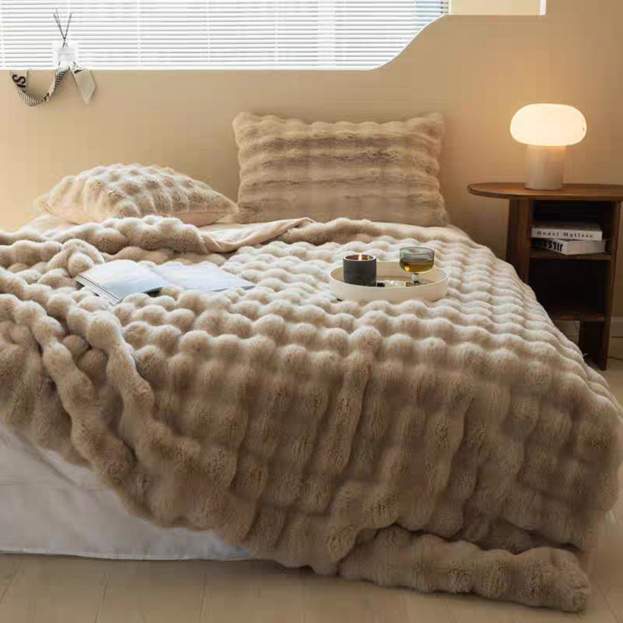 Brown Luxury Tuscany Fleece Rabbit Fur Bubble Blanket - Double-Sided Thickened Soft Plush Extra Large Bedding Set(200x230 CM Large Blanket + 2 Pack 45x45 CM Cushion Cover)