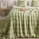 Green Luxury Tuscany Fleece Rabbit Fur Bubble Blanket - Double-Sided Thickened Soft Plush Extra Large Bedding Set(200x230 CM Large Blanket + 2 Pack 45x45 CM Cushion Cover)