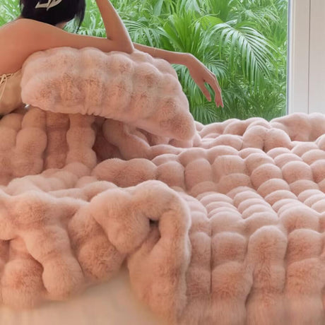 2-Pack Pink Luxury Tuscany Fleece Rabbit Fur Bubble Blanket (45 x 45 CM) - Double-Sided Thickened Soft Plush Bedding & Cushion Cover