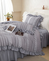 Pink Elegant Ruffle Seersucker Duvet Cover with 2PCS Pillow Shams - 3-Piece Vertical Stripe Clipped Floral Textured Bedding (Twin Size 168 x 229 CM)