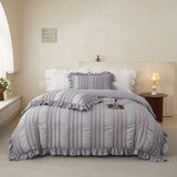 Grey Elegant Ruffle Seersucker Duvet Cover with 2PCS Pillow Shams - 3-Piece Vertical Stripe Clipped Floral Textured Bedding (King Size 264 x 229 CM)
