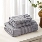 Grey Elegant Ruffle Seersucker Duvet Cover with 2PCS Pillow Shams - 3-Piece Vertical Stripe Clipped Floral Textured Bedding (King Size 264 x 229 CM)