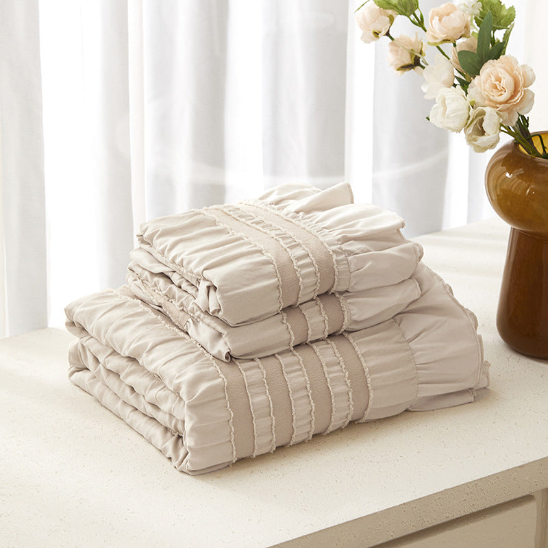 Beige Elegant Ruffle Seersucker Duvet Cover with 2PCS Pillow Shams - 3-Piece Vertical Stripe Clipped Floral Textured Bedding (Queen Size 229 x 229 CM)
