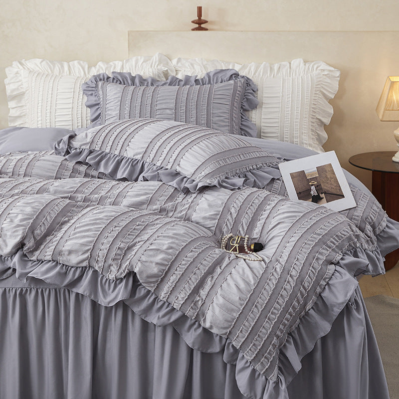 Black Elegant Ruffle Seersucker Duvet Cover with 2PCS Pillow Shams - 3-Piece Vertical Stripe Clipped Floral Textured Bedding (Full Size 200 x 229 CM)
