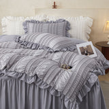 Black Elegant Ruffle Seersucker Duvet Cover with 2PCS Pillow Shams - 3-Piece Vertical Stripe Clipped Floral Textured Bedding (Full Size 200 x 229 CM)