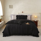 Black Elegant Ruffle Seersucker Duvet Cover with 2PCS Pillow Shams - 3-Piece Vertical Stripe Clipped Floral Textured Bedding (Queen Size 229 x 229 CM)
