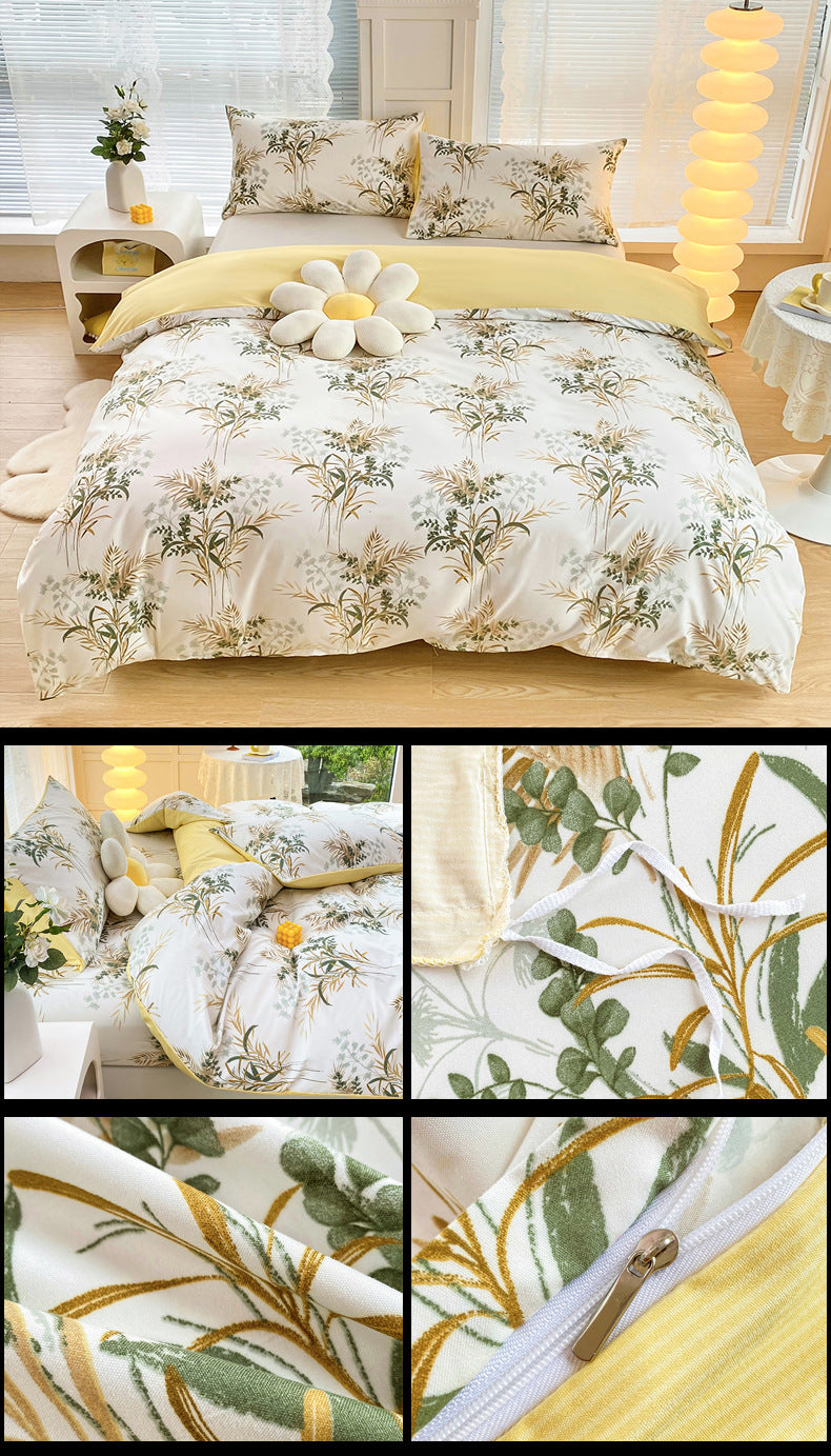 4-Piece Elegant Yellow Bouquet Printed Soft-Touch Brushed Bedding Set for 1.5M Bed: 175 x 220 CM Duvet Cover, 150 x 200 (+25) CM Deep Pocket Fitted Sheet & 2PC 50 x 75 CM Pillowcases