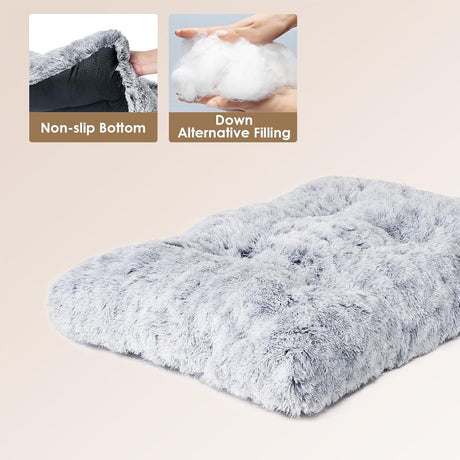 65 x 50 CM Winter Long Plush Dog Bed for Large Dogs - 10CM Thickened Fluffy Faux Fur Pad - Calming Anti Anxiety Pet Cushion with Non-Slip Bottom, Removable & Washable Heavy Duty Bedding, Grey