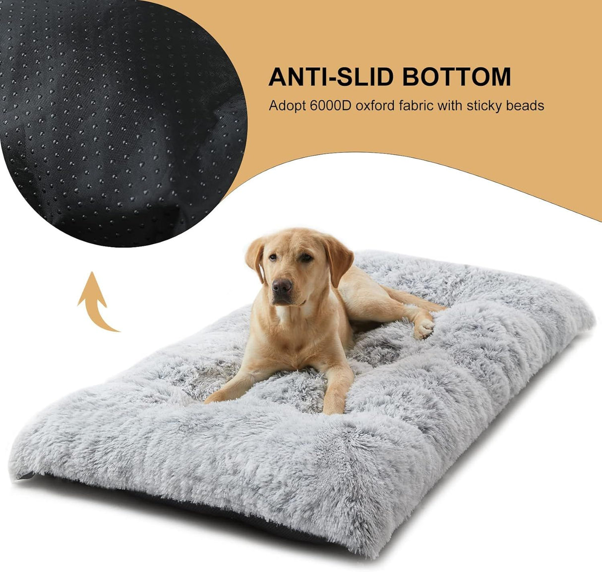65 x 50 CM Winter Long Plush Dog Bed for Large Dogs - 10CM Thickened Fluffy Faux Fur Pad - Calming Anti Anxiety Pet Cushion with Non-Slip Bottom, Removable & Washable Heavy Duty Bedding, Grey