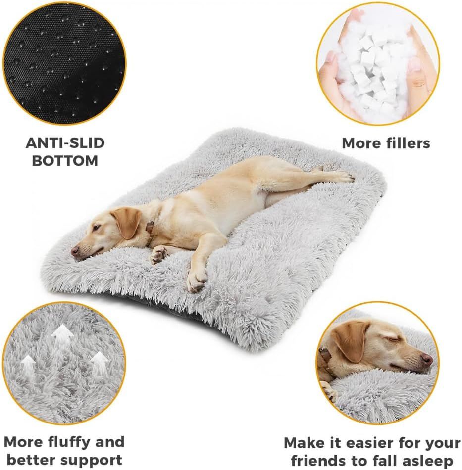 55 x 40 CM Winter Long Plush Dog Bed for Large Dogs - 10CM Thickened Fluffy Faux Fur Pad - Calming Anti Anxiety Pet Cushion with Non-Slip Bottom, Removable & Washable Heavy Duty Bedding, Grey S Size