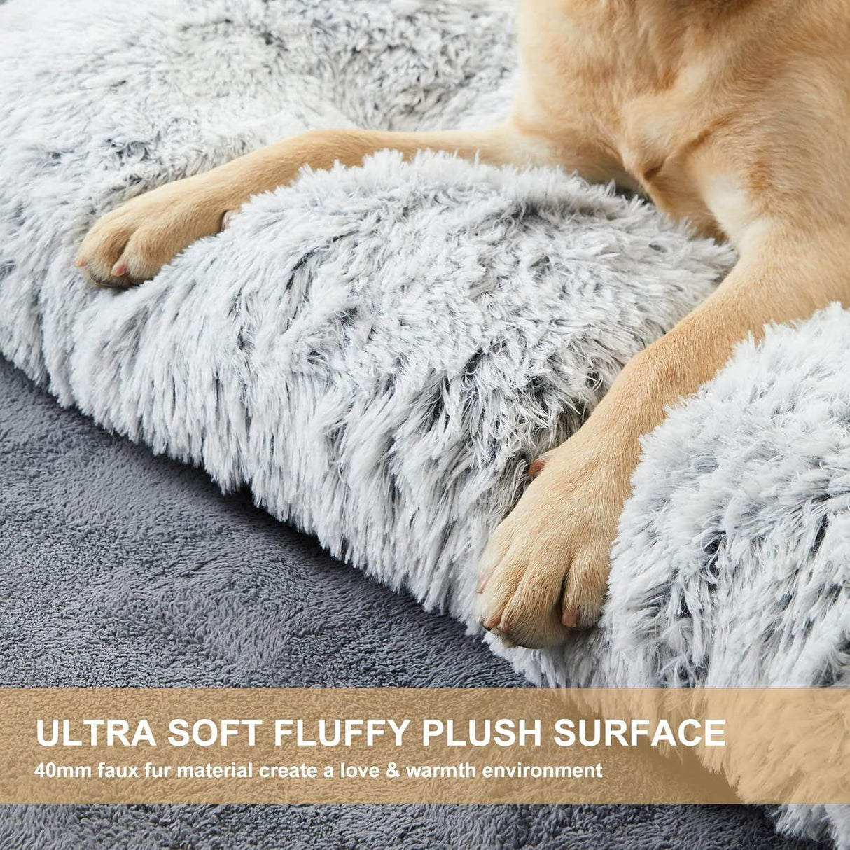 95 x 65 CM Winter Long Plush Dog Bed for Large Dogs - 10CM Thickened Fluffy Faux Fur Pad - Calming Anti Anxiety Pet Cushion with Non-Slip Bottom, Removable & Washable Heavy Duty Bedding, Grey XL Size