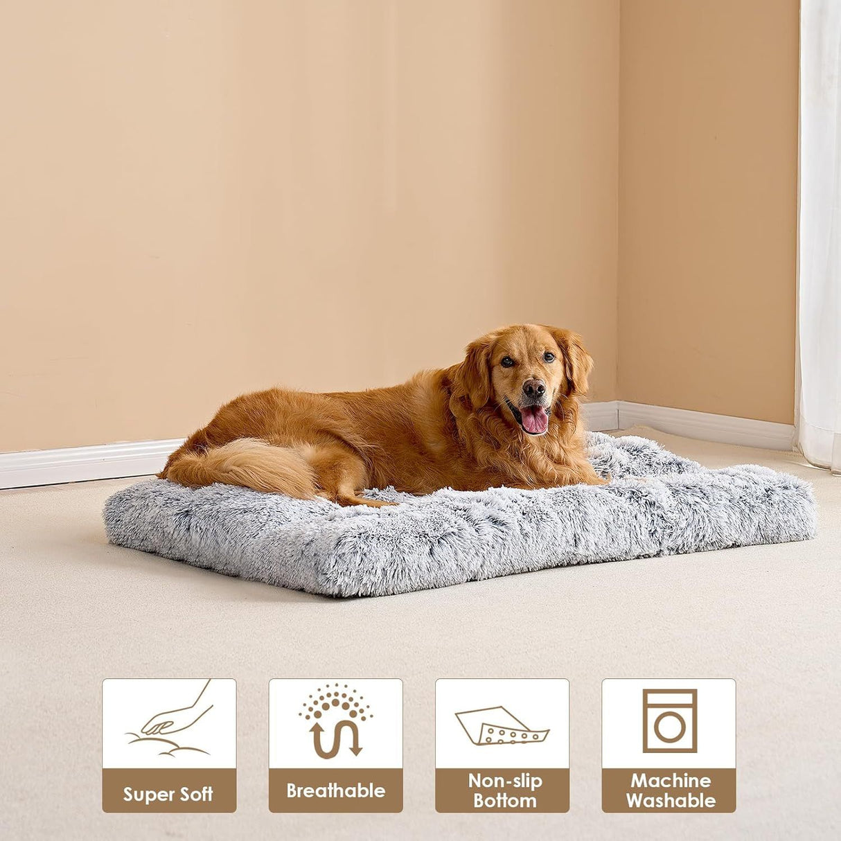 110 x 75 CM Winter Long Plush Dog Bed for Large Dogs - 10CM Thickened Fluffy Faux Fur Pad - Calming Anti Anxiety Pet Cushion with Non-Slip Bottom, Removable & Washable Heavy Duty Bedding, Grey 2XL Size