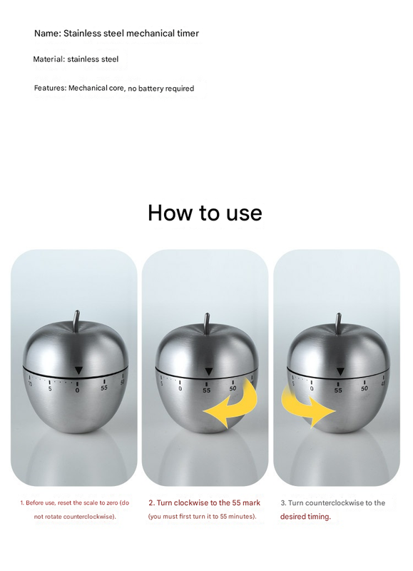 Egg Shape Stainless Steel Kitchen Timer Mechanical Cooking Timer -  Wind-Up 60 Minute Countdown Timer - Loud Ring 72dB Baking Tool with Non-Slip Base - Battery-Free Analog Timer for Home Office