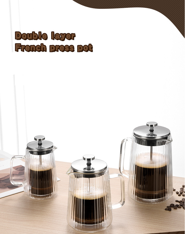 1000ML Double Wall Glass French Press Coffee Maker - Borosilicate Glass Coffee Plunger with 304 Stainless Steel Filter, Heat Resistant Vertical Ribbed Design for Home Brewing