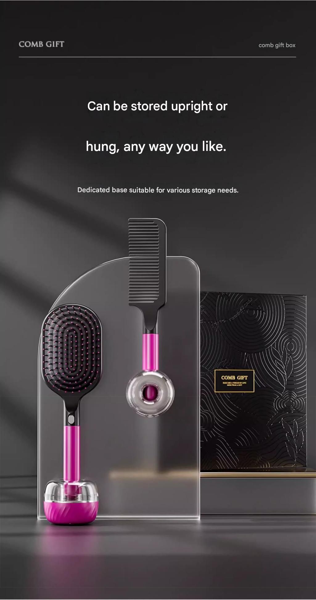 Black 5-Piece Gift Box Set Premium ABS Hair Care Gift Set with Cushion Paddle Brush, Detangling Comb, Cleaning Brush & Stand - Elegant Mother’s Day or Couple’s Gift for Daily Styling and Scalp Comfort