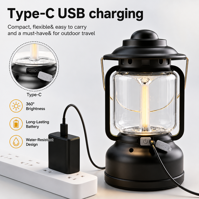 2PCS Silver and Grey Vintage LED Outdoor Camping Lantern with Warm Ambient Light - 7 Lighting Modes, 24H Long Runtime, USB-C Rechargeable, Stepless Dimming and Hanging Tent Light