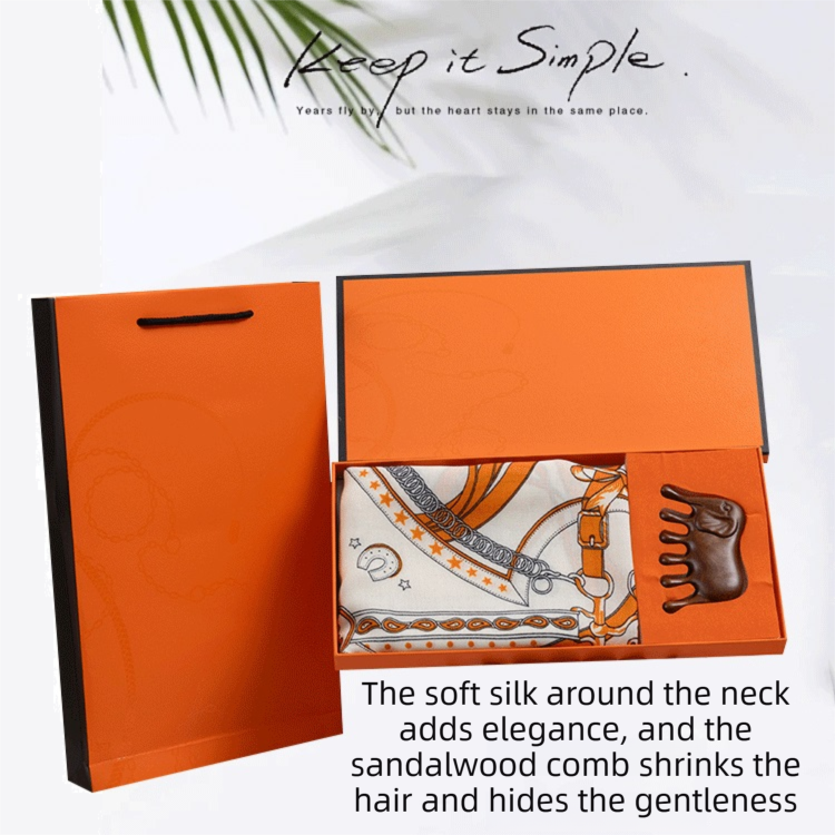 Luxury Orange Scarf Gift Set for Women - 70x70cm Belt Buckle Print Square Scarf with Elephant Comb, Stylish Neck Scarf & Hair Comb Set in Gift Box - Perfect Present for Birthday, Mother's Day, Anniversary