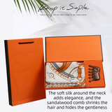 Luxury Orange Scarf Gift Set for Women - 70x70cm Belt Buckle Print Square Scarf with Elephant Comb, Stylish Neck Scarf & Hair Comb Set in Gift Box - Perfect Present for Birthday, Mother's Day, Anniversary
