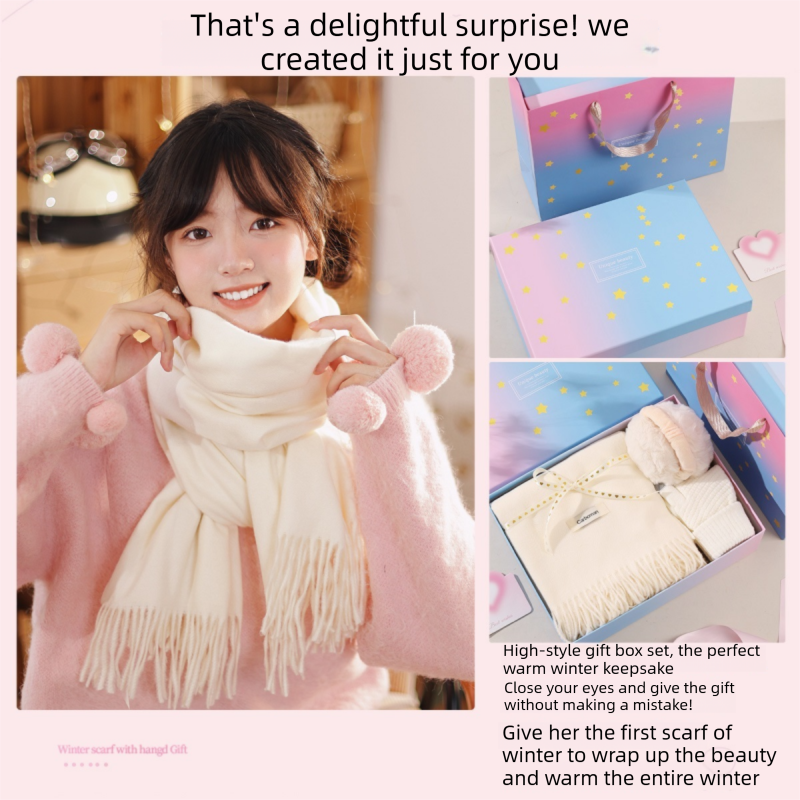 White Winter Scarf Gift Box Set for Women （4-Piece Set: Earmuffs, Hat, Gloves, and Scarf）- Soft Warm Scarf with Luxury Gift Packaging Birthday Present for Girlfriend Wife Daughter