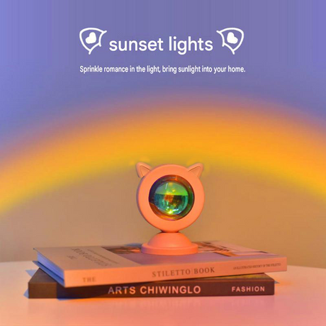 Pink Cat Ear Sunset Projection Lamp and  150x200cm Black Mandala Tapestry Combo - USB Powered ABS Mini Light withPolyester Wall Hanging for Bedroom, Living Room & Photography Ambiance