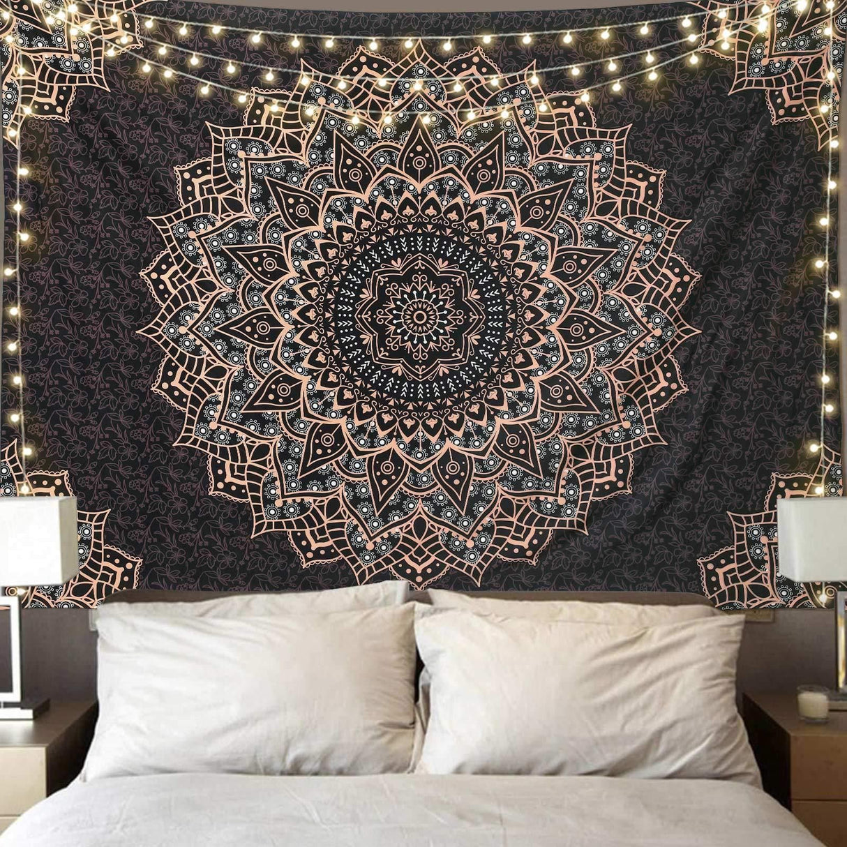 Pink Cat Ear Sunset Projection Lamp and  150x200cm Black Mandala Tapestry Combo - USB Powered ABS Mini Light withPolyester Wall Hanging for Bedroom, Living Room & Photography Ambiance