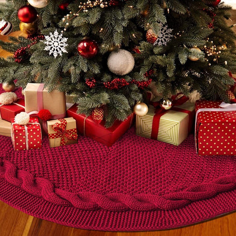Knitted Christmas Tree Skirt 48 Inch Red Round Tree Base Cover with Cable Knit Border Soft Holiday Tree Skirt Rustic Christmas Decor for Home Fireplace Party Festive Gift Display