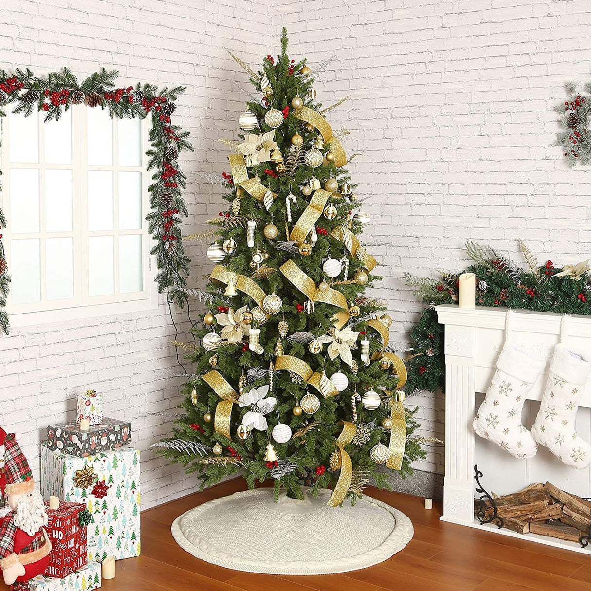 Knitted Christmas Tree Skirt 36 Inch White Round Tree Base Cover with Cable Knit Border Soft Holiday Tree Skirt Rustic Christmas Decor for Home Fireplace Party Festive Gift Display