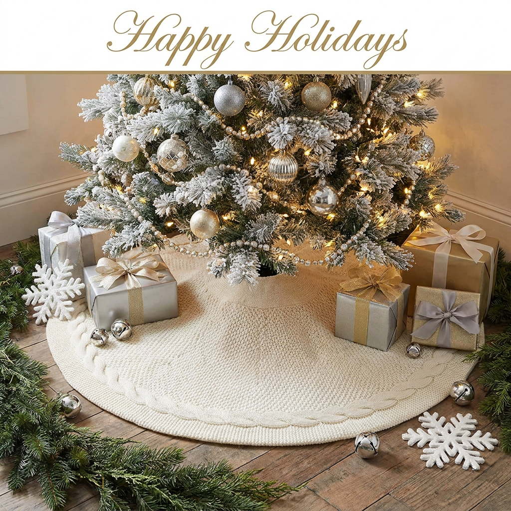 Knitted Christmas Tree Skirt 24 Inch White Round Tree Base Cover with Cable Knit Border Soft Holiday Tree Skirt Rustic Christmas Decor for Home Fireplace Party Festive Gift Display