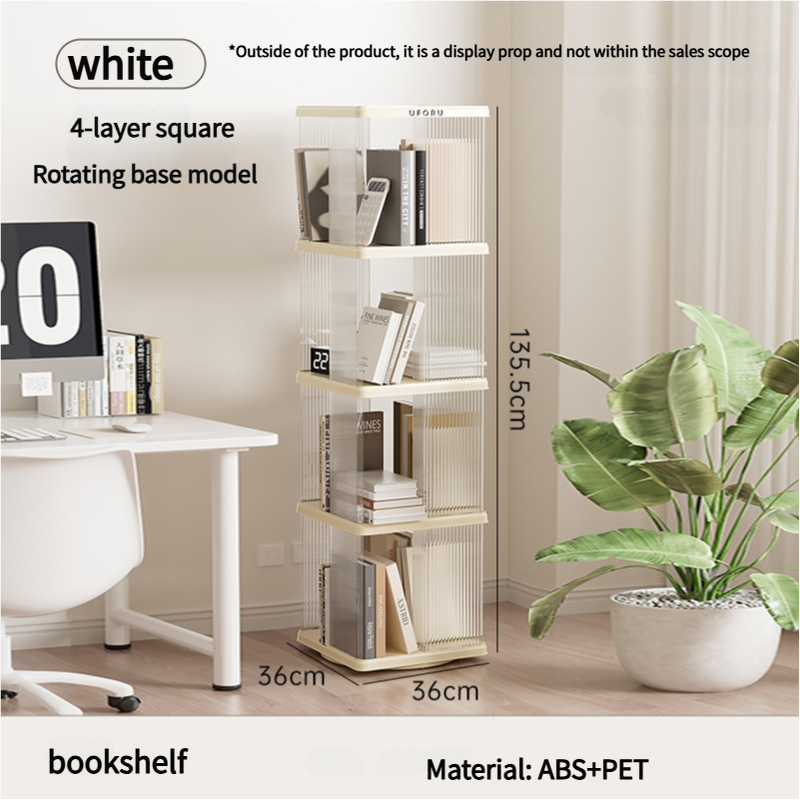 Rotating storage bookshelf square four layers- Cream White Multi-Layer Storage Rack, 36x36x135.5cm (ABS+PET)