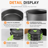 Green Camping Cookware Set for 2–3 People – Portable Outdoor Cooking Pot, Frying Pan & 1.1L Kettle Kit with Stainless Steel Plates, Cups & Cutlery, Lightweight Non-Stick Camping Cook Set for Hiking, Picnic, Backpacking & RV Travel