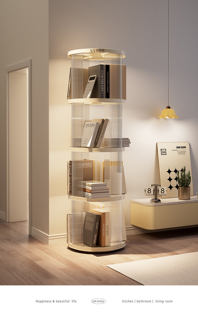 Rotating circular bookshelf with four layers- Cream White Multi-Layer Storage Rack, 40.5x40.5x135.5cm (ABS+PET)