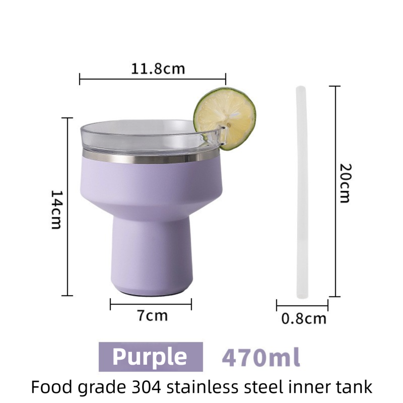 Purple 470ML Stainless Steel Martini Tumbler Cup with 360°Salt & Sip Lid, Internal Markers and Straw - Double Wall Vacuum Insulated Drink Cup for Coffee Cocktails Cold Drinks and Outdoor Use