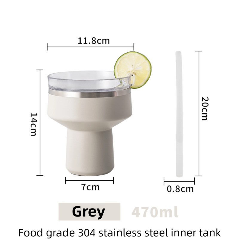 Grey 470ML Stainless Steel Martini Tumbler Cup with 360°Salt & Sip Lid, Internal Markers and Straw - Double Wall Vacuum Insulated Drink Cup for Coffee Cocktails Cold Drinks and Outdoor Use
